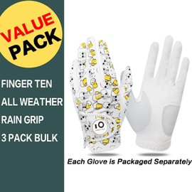 FINGER TEN Mens Golf Glove Rain Grip Value 3 Pack, White Skull Black Left Hand Fit Right Handed Golfer, All Weather Durable Grip Size Small Medium Large XL (Skull, S)