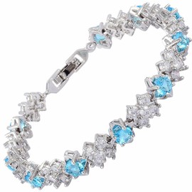 RIZILIA BLOSSOM Tennis Bracelet & Round Cut CZ [Simulated Aquamarine] in White Gold Plated, 7"