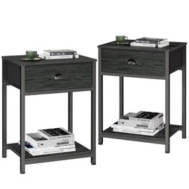 Furologee Nightstands Set of 2, Industrial End Table with Fabric Drawer&Storage Shelf, Small Bedside Table Organizer for Small Space for Living Room, Tall 23.6" Night Stand for Bedroom, Black Oak