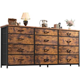 55" Dresser for Bedroom with 12 Fabric Drawers, Entertainment Center for 60 inch TV Dressers & Chests of Drawers Large Storage Organizer for Closet, Living Room, Metal Frame, Wood Top, Rustic Brown