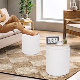 CAROLMADE Set of 2 Round Ottoman with Storage, Upholstered Vanity Stool Support 300lbs Multifunctional Coffee Table Ottoman Boucle Foot Rest Stool or Living Room Bedroom (White)