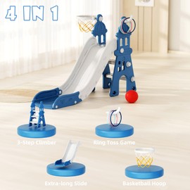 XJD 4-in-1 Toddler Slide, Kids Slide for Toddlers Age 1+, Slide for Toddlers 1-3, Toddler Outdoor Playset with Basketball Hoop, Outdoor Indoor Toddler Playground for Toddlers 1-3 (Blue)