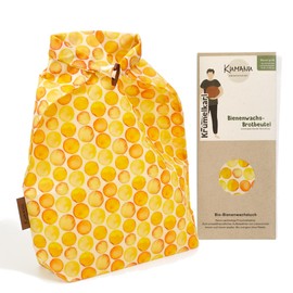 Kumanu Organic Beeswax Cloth Bread Bag Krummelkarl H 35 cm x W 29 cm with Stand and Closure Natural and Plastic-Free Keep Fresh Handmade in Tyrol (Yellow Circles)