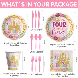 Srua Don Princess 4th Birthday Party Decorations Tableware, Pink and Gold Girl's Four Ever a Princess Birthday Party Supplies, Paper Plate, Cup, Napkin, Disposable Cutlery, Serves 24