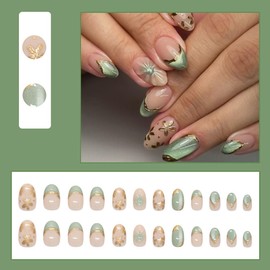 Almond Press on Nails Medium Fake Nails Green Glitter False Nails with Embossed Designs Glossy Stick on Nails French Tip Cute Glue on Nails Summer Artificial Nails for Wmoen 24PCS