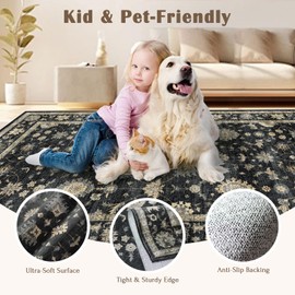 LUXRUG Washable Round Area Rug 4ft - Charcoal Black Traditional Floral Living Room Circle Rug 4x4 Non-Slip Stain Resistant Carpet Soft Vintage Boho Round Rugs for Bedroom Bathroom Kitchen Entryway