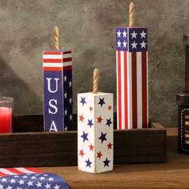 Treory 4th of July Decorations, 3pcs July 4th Patriotic Tiered Tray Decor Firework Wooden Sign, Rustic Firecracker Wood Blocks Home Décor, American Memorial Day Table Decor for Independence Day