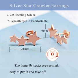 Cangall Silver Star Stud Earrings for Women, 925 Sterling Silver Triple Star Stud Earrings, Small Cartilage Starburst Climbers Earrings Flat Shooting Star Sleeper Earrings Rose Gold for Girls Teen