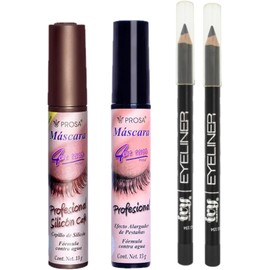 Kit Mascara de pestañas Prosa Profesional Café y Negra con Fórmula 4 en Uno Waterproof + 2 Lápices Delineador de ojos IVY; Negro y café
