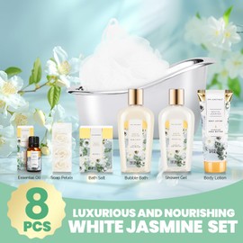 spa luxetique Bath Set for Women, Spa luxetique Spa Gifts Set, 8pc Home Bath and Body Gifts Set, Gift Baskets Includes Body Lotion, Bubble Bath, Bath Salt, Essential Oil, Birthday Gifts Set, Gift for Women and Men