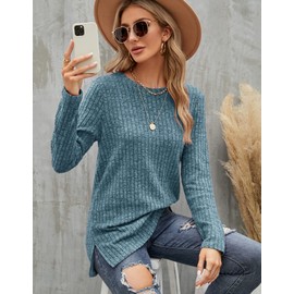 Odosalii Women's Jumpers, Jumpers for Women UK, Fall 2025 Lightweight Crew Neck Knit Tops Solid Color Side Split Basic Sweater Long Tops to Wear with Leggings Blue