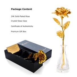 miomido Gold Dipped Rose Golden 24k Gold Forever Eternal Rose Genuine One of a Kind Eternity Rose - Romantic Gifts for Women Valentines Day Her Birthday Anniversary Mothers Day (L: Black Box + Vase)