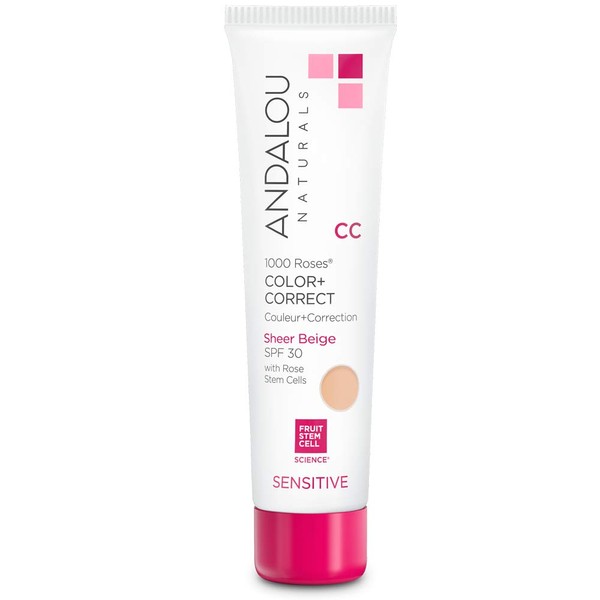 Andalou Naturals 1000 Roses CC Color + Correct with SPF 30 Ounces, Sheer Beige, Rose, 2 Fl Oz