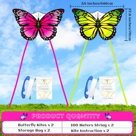 Silipull 2 Pcs Kites Butterfly Kite 55" x 28" Large Kites with 328ft Kite String Beach Kites Colorful Kite for Adults Beginner Outdoor Supplies (Pink and Green)