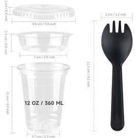 TOFLEN 50Sets 12 oz Clear Plastic Parfait Cups with Flat Lids (No Hole) Insert and Sporks, Disposable To-Go Crunch Cups No-Leaking Portable Cereal Cups for Yogurt Parfait, Fruits Veggies and Dips