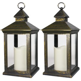 Bright Zeal 2-PACK 14 Inch Vintage Decorative Candle Lanterns With Timer - IP44 Waterproof Distressed Gold Decorative Outdoor Lanterns Battery Powered - Hanging Decorative Lanterns For Wedding Indoors