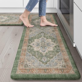Sungea Kitchen Mats for Floor，Farmhouse Kitchen Floor Mats Cushioned Anti Fatigue Kitchen Rugs Non Slip, Distressed Waterproof Standing Mat for Office Laundry Sink(Green/Multi)