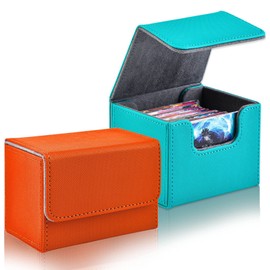 2 Boxes Leather Deck Card Boxes Large Size Fit 100 Plus Sleeved Cards Deck Game Box for Collectible Cards Deck Playing Card Box for 100 Plus Cards Compatible with MTG TCG（Orange,Teal,Horizontal）