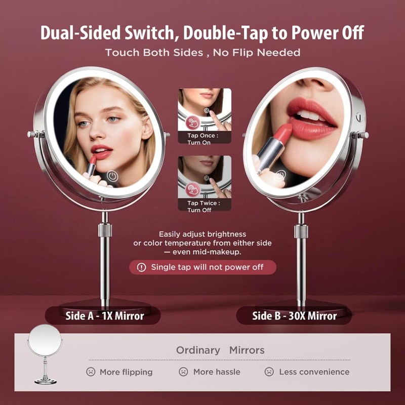 9 Inch Double-Sided Makeup Mirror, 1X/30X, 3 LED Lights, 5000mAh