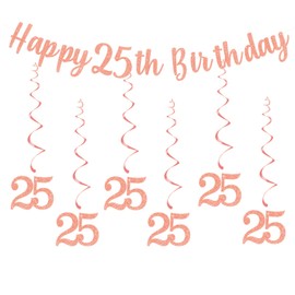 bng-bng 25TH Birthday Party Decorations Rose Gold with Happy 25th Birthday Bunting Banner Hanging Swirls Streamers for Girls Women Adult 25 Birthday Anniversary Party Decor Supplies