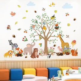 MagiMural Cartoon Jungle Animal Tree Wall Stickers, Elephant Giraffe Lion Bear Peel and Stick Wall Decals, Baby Room Nursery Kids Bedroom Art Wall Decor