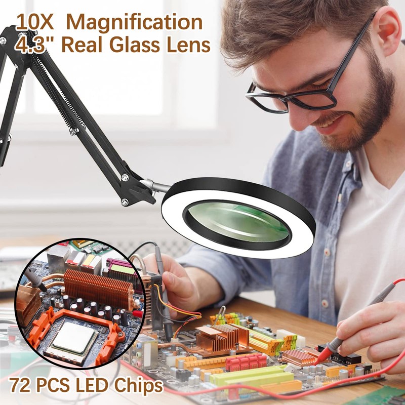 VUEJIC 10X Magnifying Glass with Light and Clamp, Magnifier with