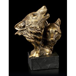 Figuren Shop GmbH Wolf Heads on Monolith - Song of The Wild | Wolf Bust, Decorative Items, Hand-Painted, Height 22.5 cm