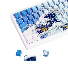 XVX Shine Through Keycaps, Side Print PBT Keycaps 75 Percent Dye Sub, 131 Keys Cherry Profile Custom Keycaps 60 Percent, Wave of Kanagawa Double Shot Keyboard Key caps for Mechanical Keyboards
