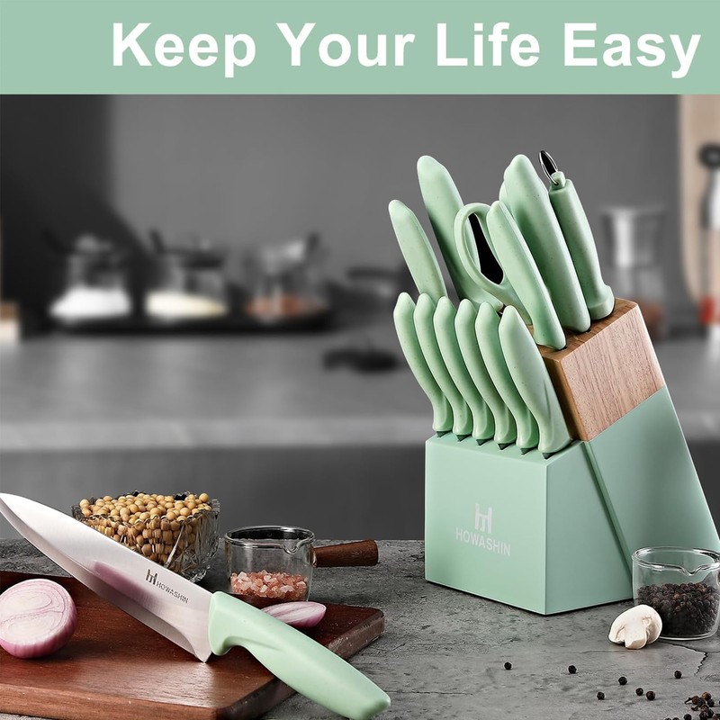 Knife Set, Howashin 15 Pieces Kitchen Knife Set with Built