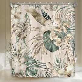 Mitpok Summer Tropical Leaves Shower Curtain 60Wx72H Green Palm Floral Hawaii Plant Monstera Banana Flower Beige Botanical Jungle Bathroom Decor Modern Bath Curtain Fabric Polyester 12 Pack Hooks