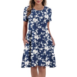 REGAI Womens Summer Dresses Casual Loose Tshirt Crew Neck Floral Short Sleeve Flowy Pockets Sundresses, White Floral, XL