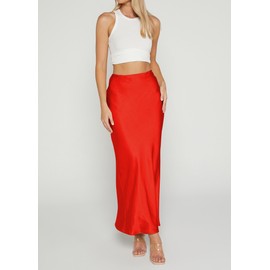 VividMosaic 2025 Satin High Waisted Maxi Skirt Silk A-Line Spring Summer Casual Long Skirts for Women, Red, X-Large