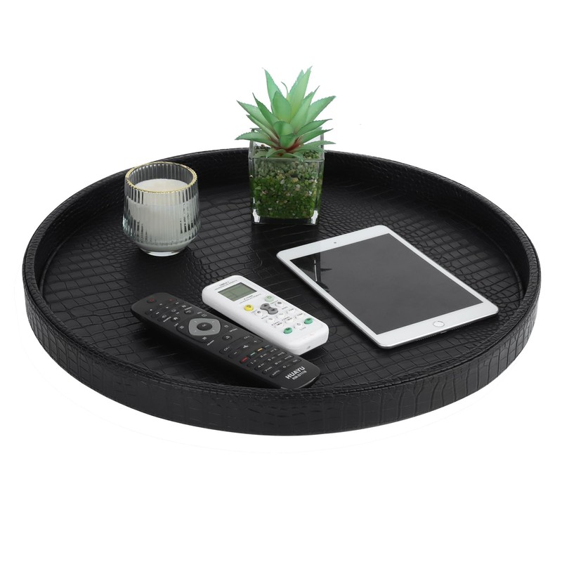 HofferRuffer Round Serving Tray 20'', Elegant Faux Leather Circle Ottoman