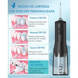 Irrigador Bucal, Irrigador Dental Portátil y Recargable USB, con 5 Puntas de Chorro, 4 Modos, 300ML, IPX7 Impermeable Limpieza Dental Oral Inalámbrico Water Flosser para Hogar Viajes Negro