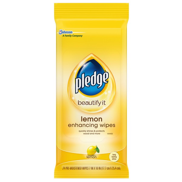 Pledge Multi-Surface Furniture Polish Wipes, Works on Wood, Granite, and Leather, Cleans and Protects, Lemon, Pack Of 2 - (24 Total Wipes)