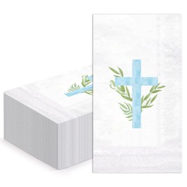 50Pcs Cross Religious Paper Napkins - 3-Ply Religious Blue Cross Guest Disposable Hand Towels for Bathroom, Spring, Christening and Baby Shower - 4.3 x 7.9 In