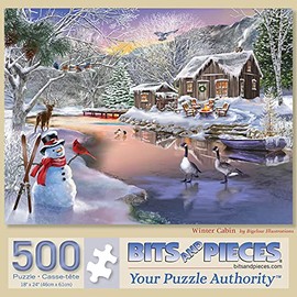 Bits and Pieces - 500 Piece Jigsaw Puzzle for Adults 18" x 24" - Winter Cabin - 500 pc Snow Forest River Mountain Snowman Nature Jigsaw by Artist Bigelow Illustrations