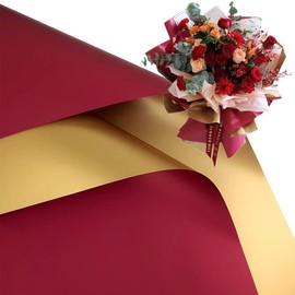XICHEN 20 Counts Florist Bouquet Supplies,DIY Crafts,Gift Packaging or Gift Box Packaging, Pearl film and Flow golden two-color Double sided flowers wrapping paper 22.8 * 22.8Inch (Wine Red&Gold)