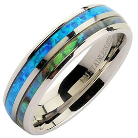 MJ Metals Jewelry Stainless Steel Polished 6mm Faux Opal Inlay and Abalone Inlay Ring Size 8