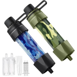 Pack of 2 Outdoor Water Filter - Drinking Water Filter for 5000 Litres of Filtered Water - Carabiner and Extension Straw, Drinking Water Treatment that Kills 99.99% of All Germs and Bacteria (Blue
