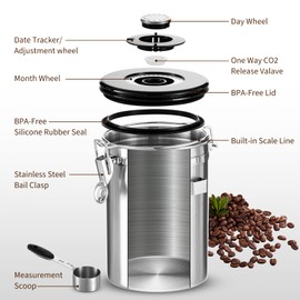 Esilihom Airtight Coffee Bean Storage, 1800ML Coffee Container, Stainless Steel Coffee Canister with Measuring Scoop, Date Tracker & 6 CO2 valve, Silver