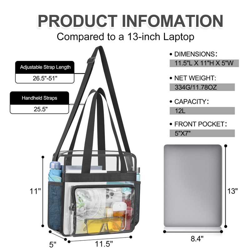 USPECLARE Clear Bag for Stadium Events, 12x6x12 Transparent Stadium Messenger