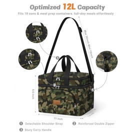 Rnivvi Lunch Box for Men/Women, Reusable Double Deck Insulated Lunch Bags for Work Travel, Large Capacity Leakproof Cooler Tote Bag Organizer with Detachable Strap for Adults, Green Camouflage