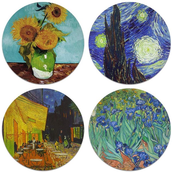 CARIBOU Coasters - Sunflowers Blue, The Starry Night, Cafe Terrace At Night, Irises By Vincent Van Gogh Design Absorbent ROUND Fabric Felt Neoprene Coasters for Drinks, 4pcs Set