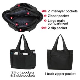 MAYMOONER Black Tote Bag for Women,Large Ladies Handbag,Multi-pocket Top Handle Shoulder Bag for Work School Beach Gym