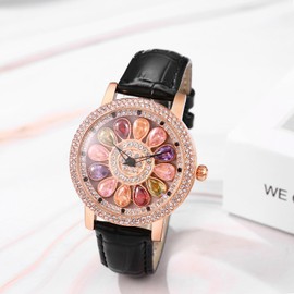 JewelryWe Uhren Damen Echtleder Kristall: Glitzer Strass 30m wasserdichte Analog Quarz Armbanduhr Frauen Leder Armband Anti Stress Uhr Damenuhr mit Drehbaren Kristall Blumen Zifferblatt