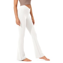ODODOS Women's Cross Waist Bootcut Yoga Pants with Inner Pocket, Non See Through Bootleg Gym Workout Pants-Inseam 31", White, X-Large