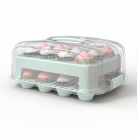 Top Shelf Elements Cupcake Carrier, EXTRA TALL LID, Green Cupcake Holder Carries 24 Standard-Size Cupcakes, Muffin Traveler Two Tier Stand Reusable Cupcake Box