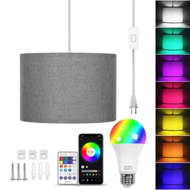 XINGZHI Plug in Hanging Lamp with RGB Smart Bulb Pendant Light with 15ft Cord Pendant Light Hanging Lights for Bedroom Kitchen Living Room Dining Room Pendant Light Fixture (Grey)