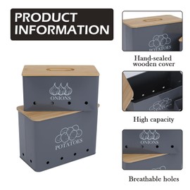 Mowhut Potato and Onion Storage Bin, Potato Container Storage with Aerating Holes & Wooden Lids, Potato and Onion Keeper, Farmhouse Decor, Vegetable Storage Organizer for Potatoes Onion Garlic (Grey)